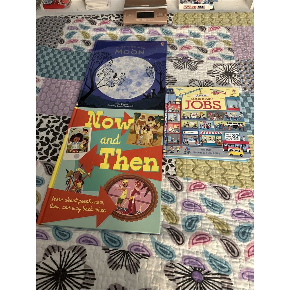 Lot Of 3 Kane Miller/Usborne Books New Lift The Flap Jobs, Now And Then, Moon